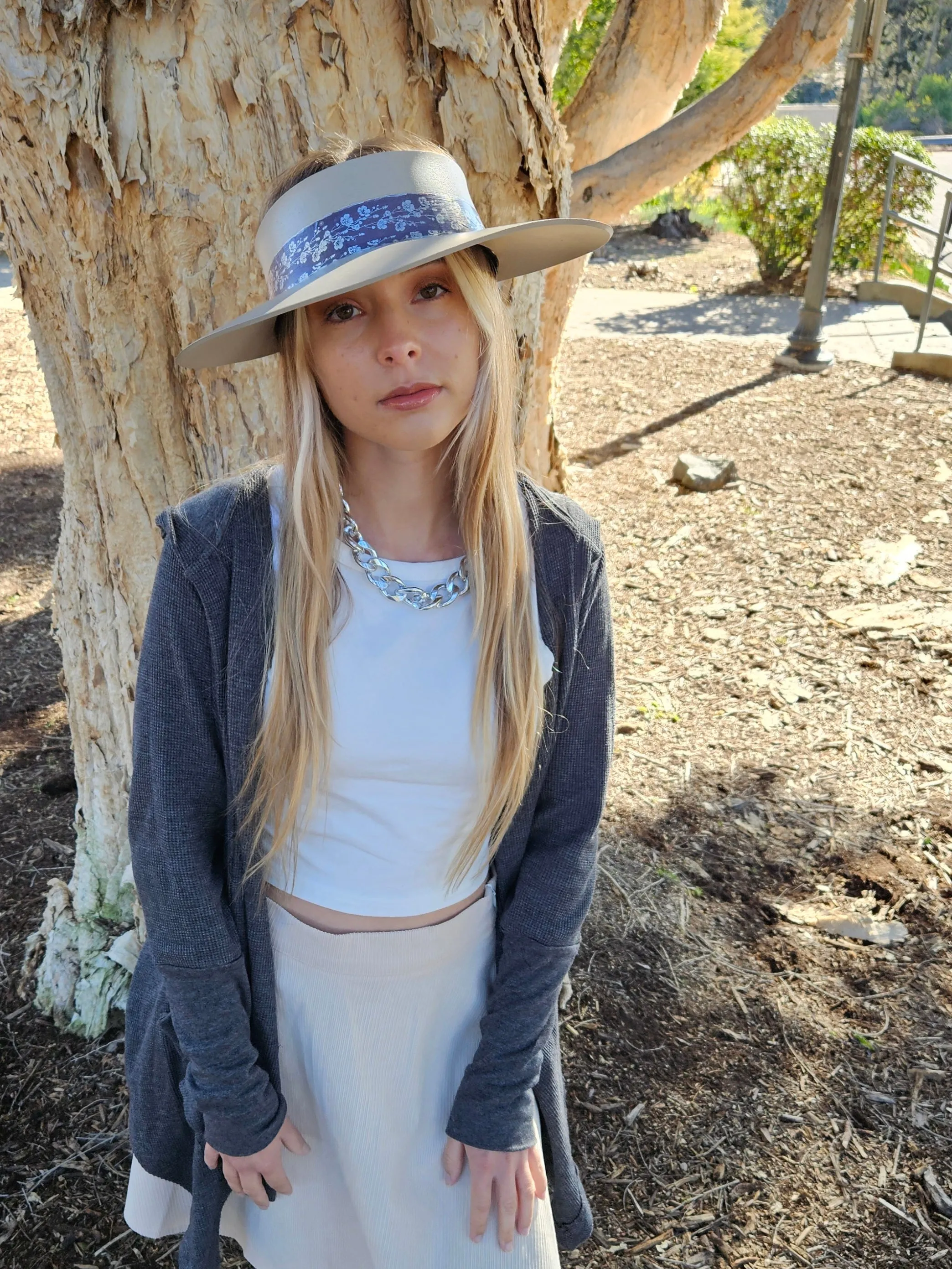 Taupe "LadyEVA" Visor Hat with Purple/Blue/Silver Floral Band