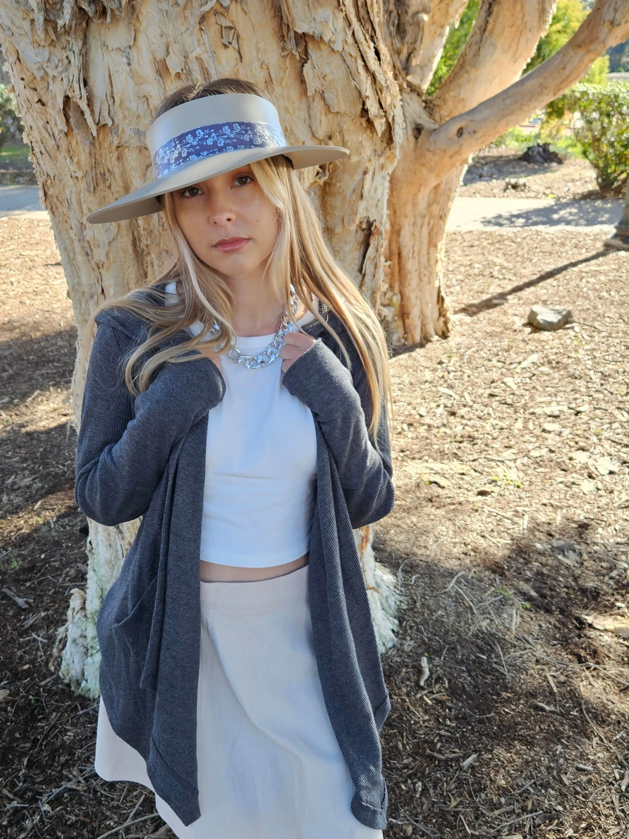 Taupe "LadyEVA" Visor Hat with Purple/Blue/Silver Floral Band