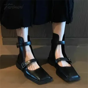 TAVIMART  -  New Black Concise Women's Short Boots Buckle Strap Square Heel Comfy Women Shoes Hand-made 2024 Fashion Zapatos De Mujer