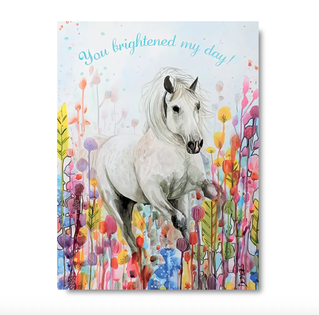 Thank You Card | White Horse Running in Bright Flowers