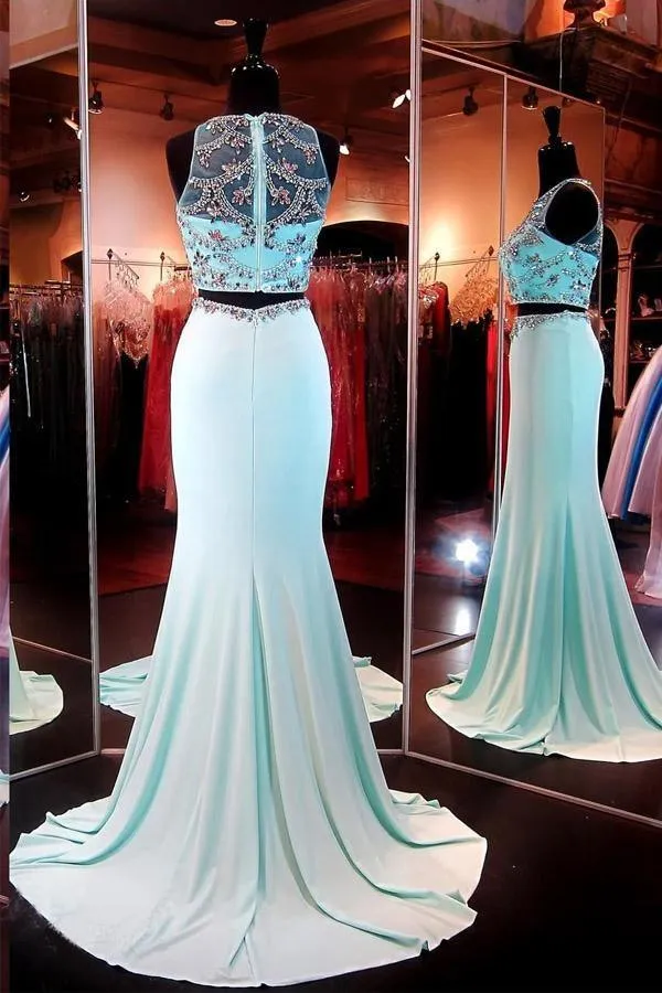 Two Piece Mermaid Blue Prom Dresses Evening Dresses With Beading PG289