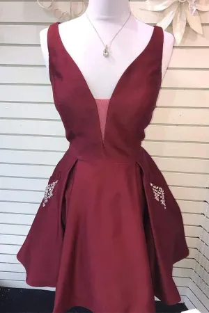 V-Neck Burgundy Satin Cute Homecoming Dress with Pockets PD360