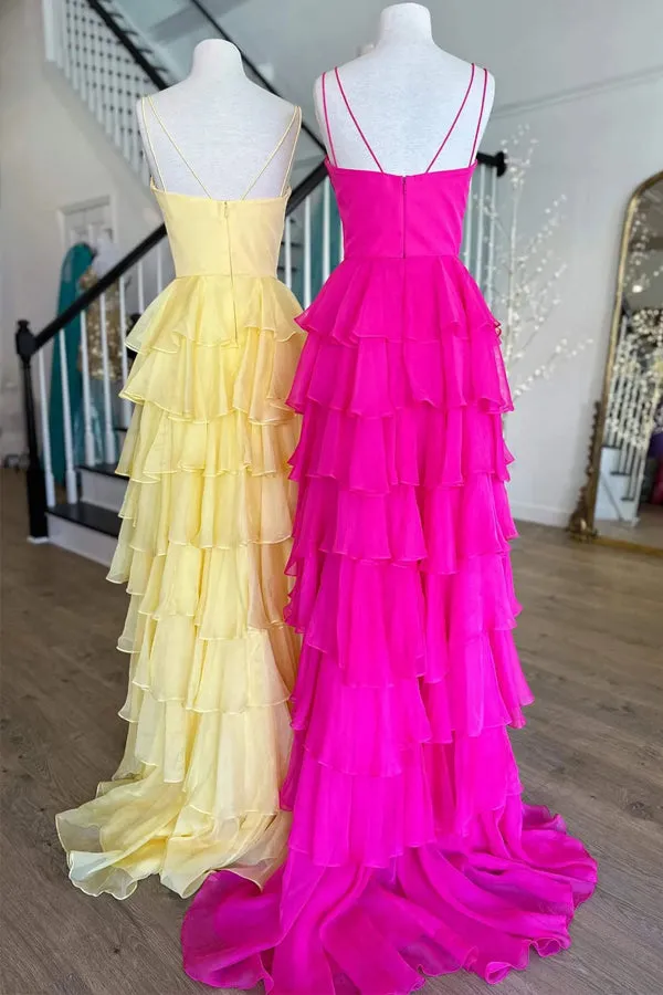 V-Neck Straps Fuchsia Ruffle Chiffon Prom Dress with Slit PSK470