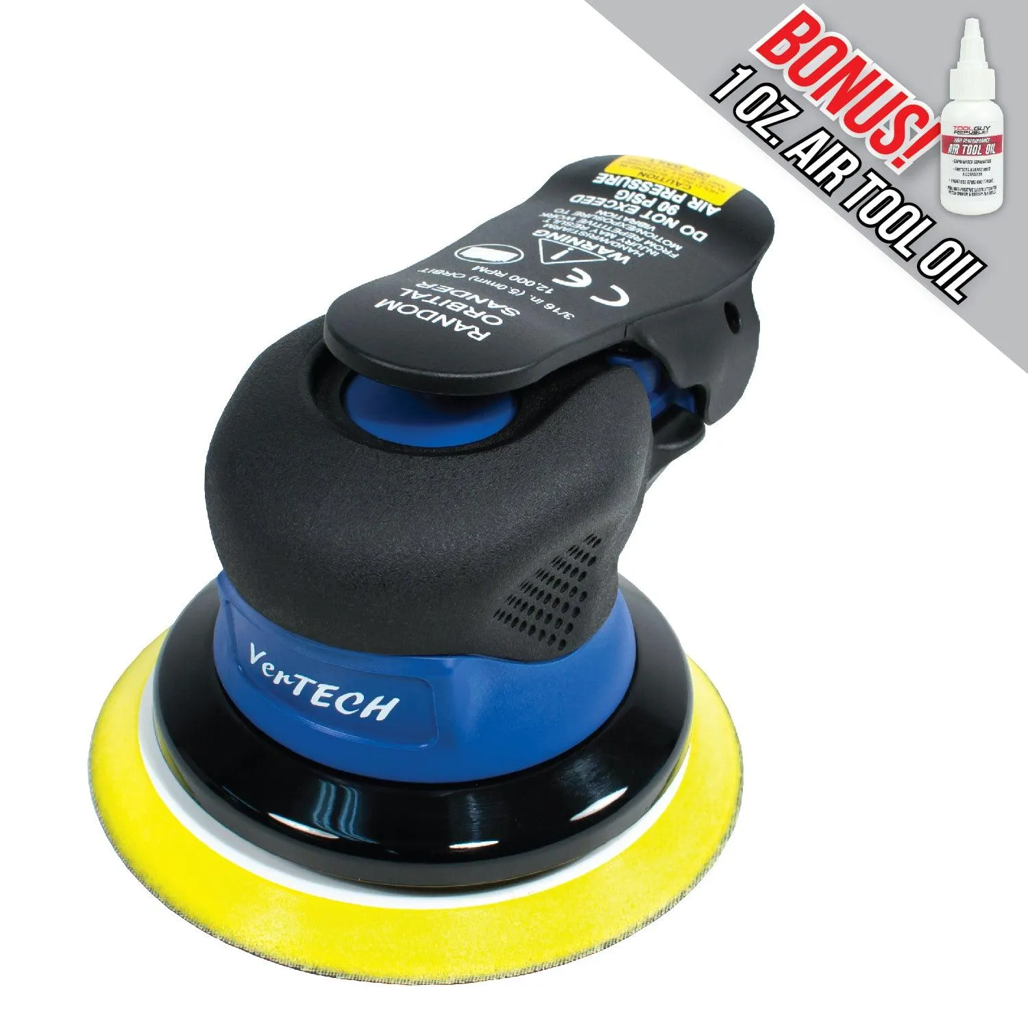 Vertech 5" & 6" Palm Style Air Random Orbital Sander - Composite Housing - 3/16" Orbit