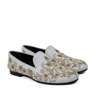 White Floral Zardosi Slip-On Shoes For Men