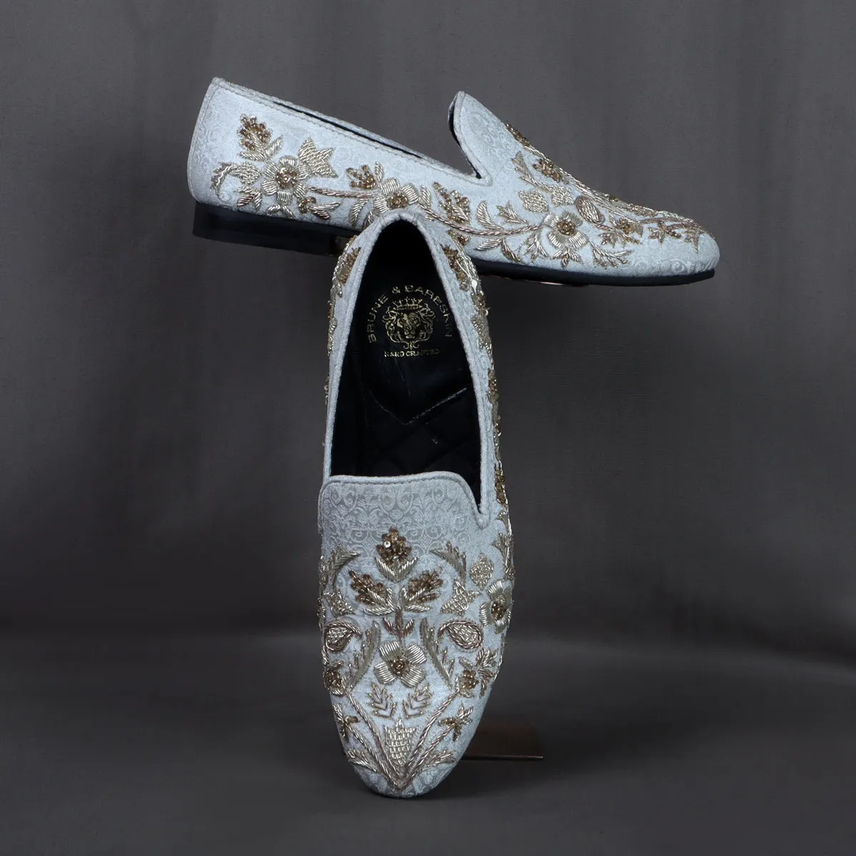 White Floral Zardosi Slip-On Shoes For Men