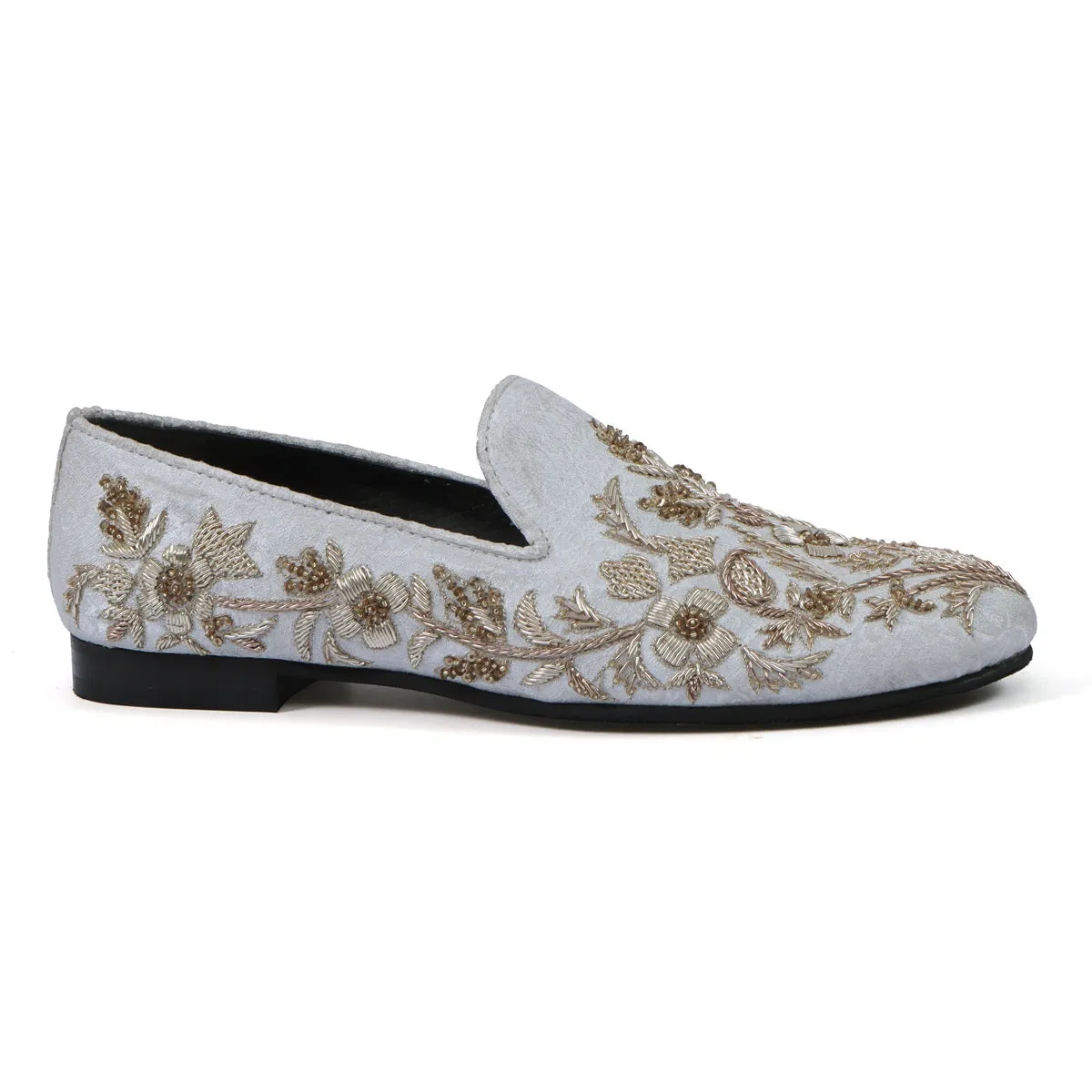 White Floral Zardosi Slip-On Shoes For Men