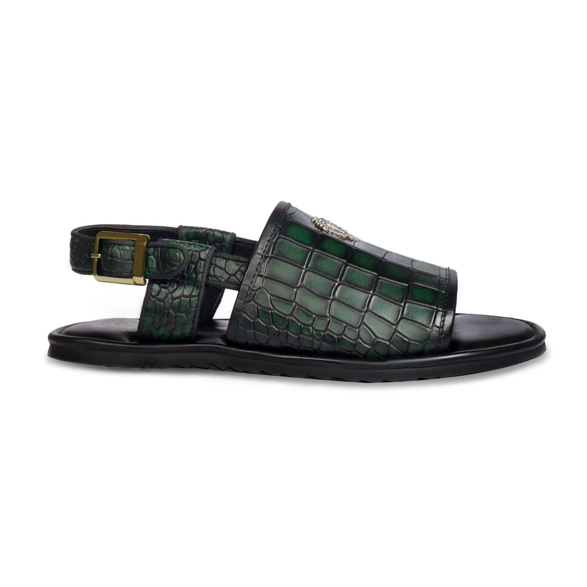 Wide Toe Smokey Green Deep Cut Croco Textured Leather Buckle Strap Mens Sandal By Brune & Bareskin