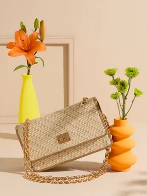 Women Beige Canvas Textured Structured Sling Bag