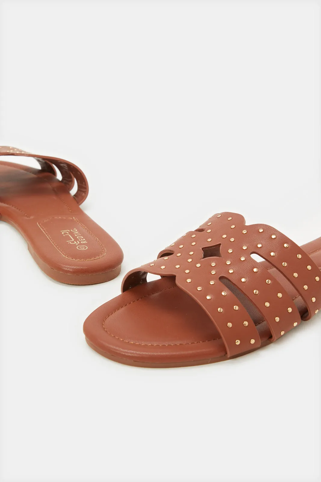 Women Tan Studs Strappy Mule