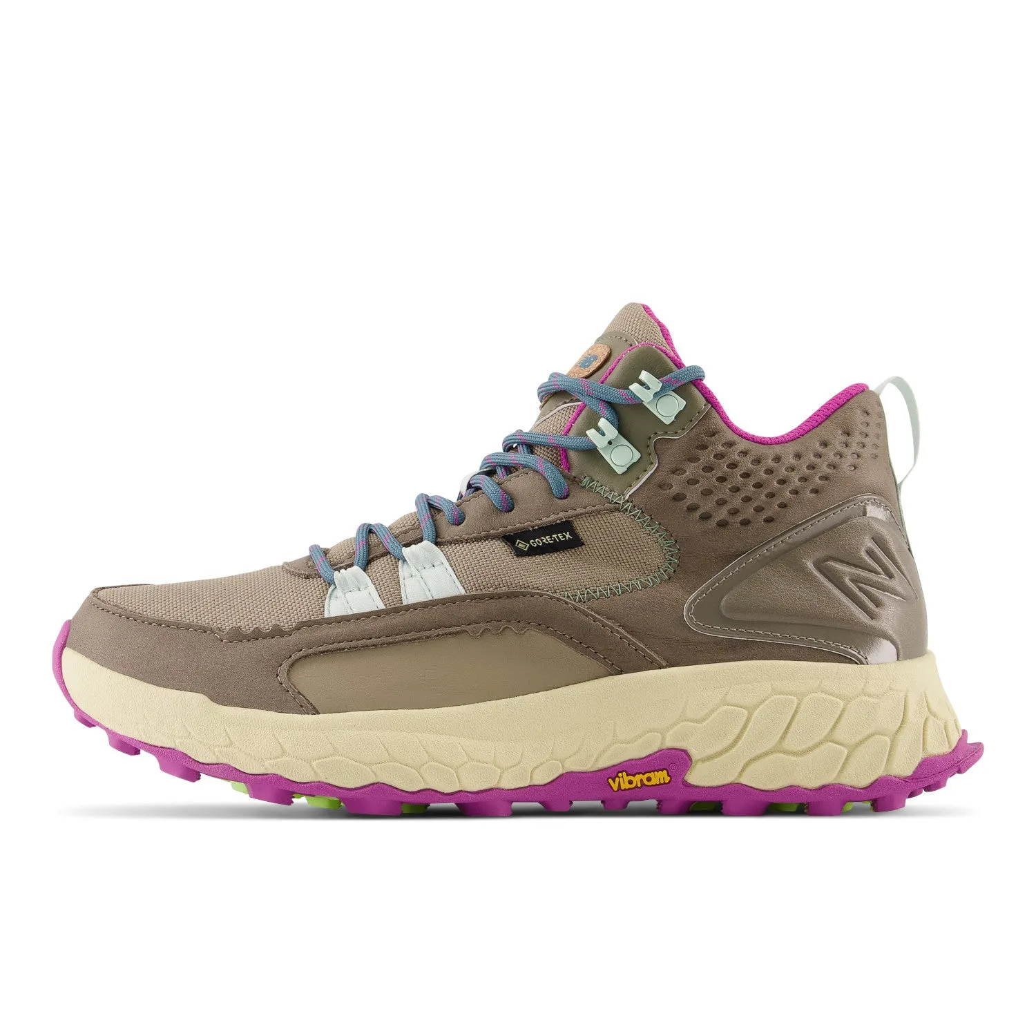 Women's New Balance Fresh Foam X Hierro Mid GTX Color: Bungee with Brindle and Cosmic Jade